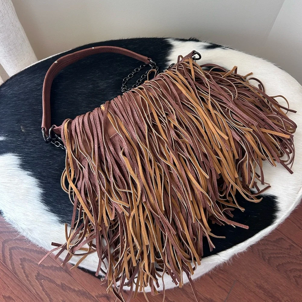 Steve Madden Brown Fringe Faux Leather Shoulder Bag - Picture 2 of 6